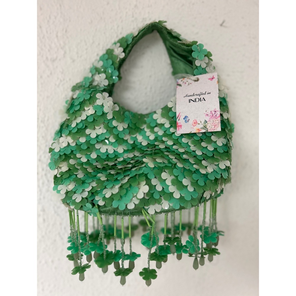 Handcrafted Floral Sequin Mini Bag Green White Beaded Fringe Viral TikTok Purse